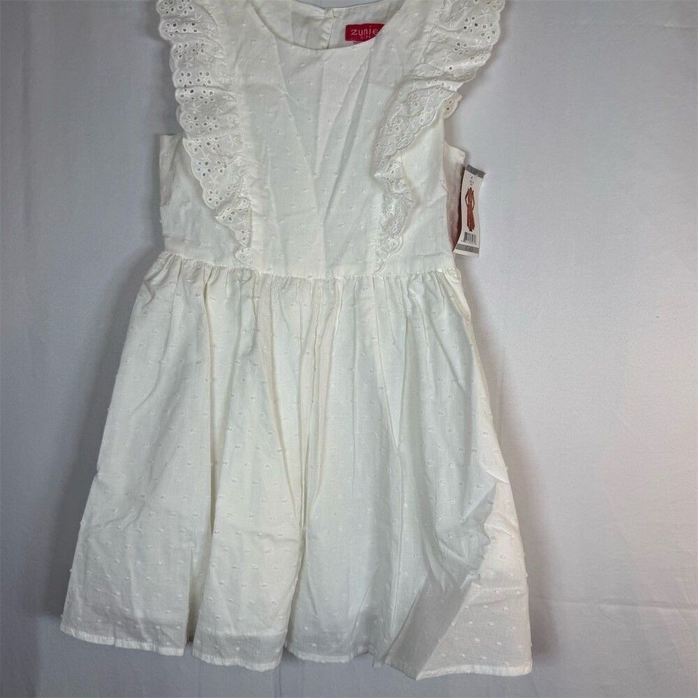 Zunie Girl Dress Girls XS 4/5 White Swiss Dot Eyelet Ruffle Fit & Flare